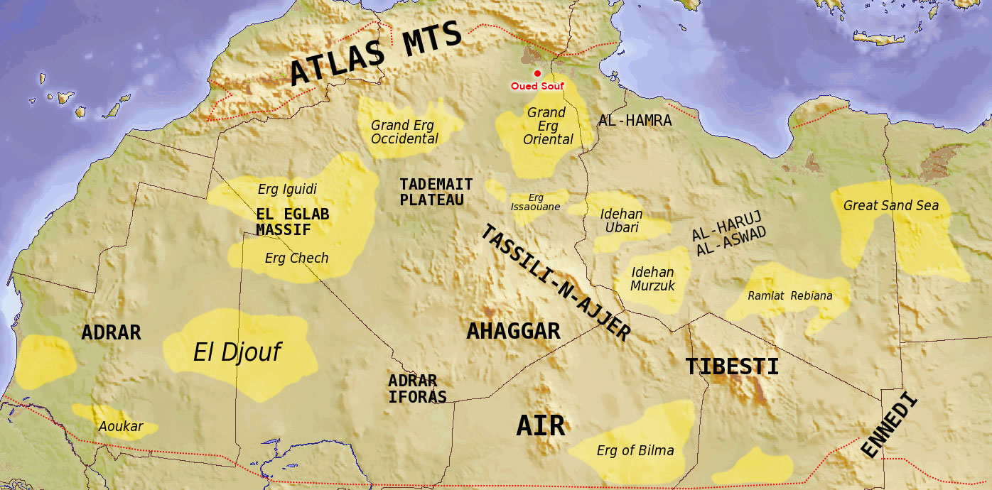 Carte du Sahara, la région de Oued Souf