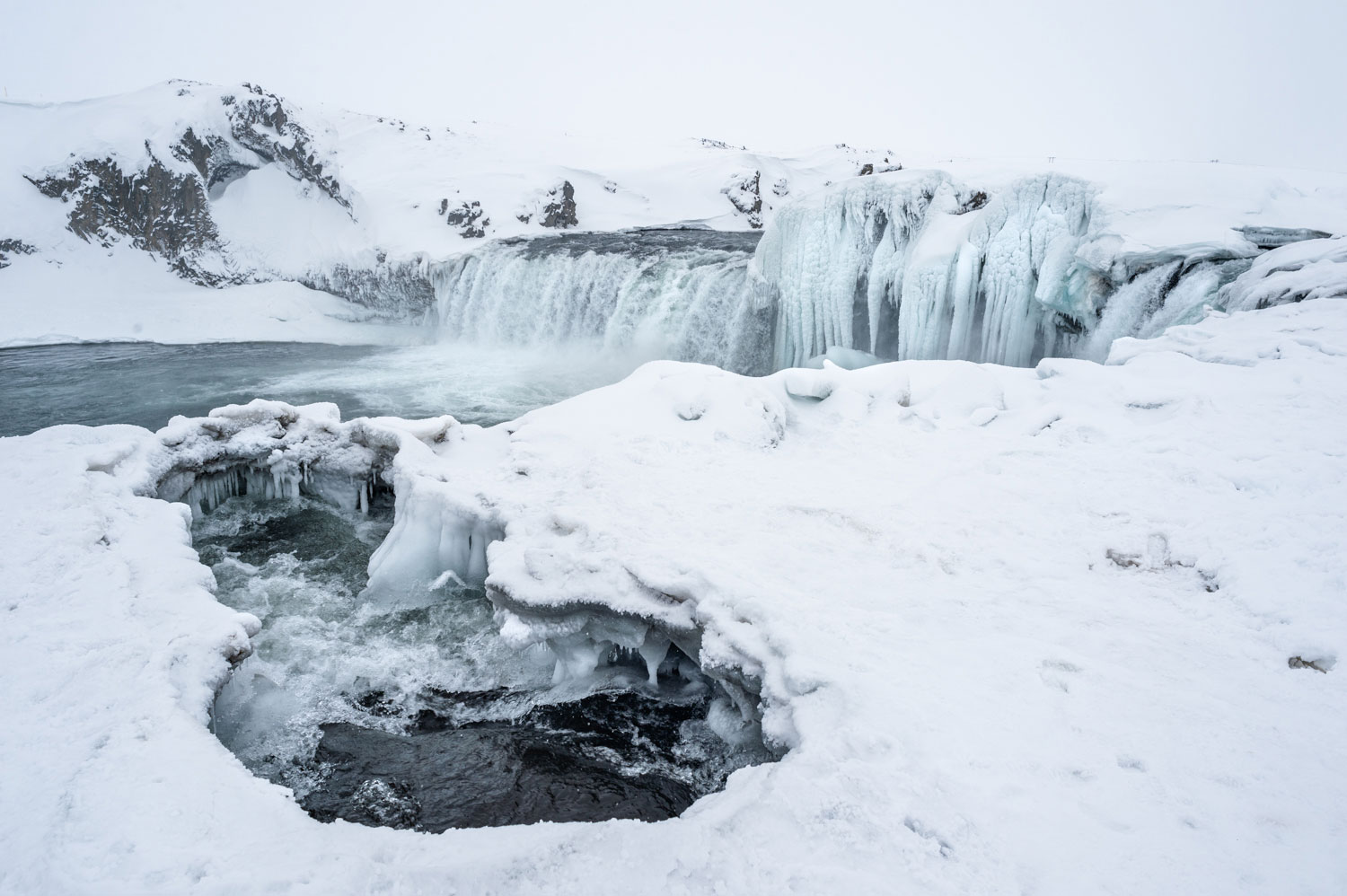 Photographing the frozen Godafoss waterfall